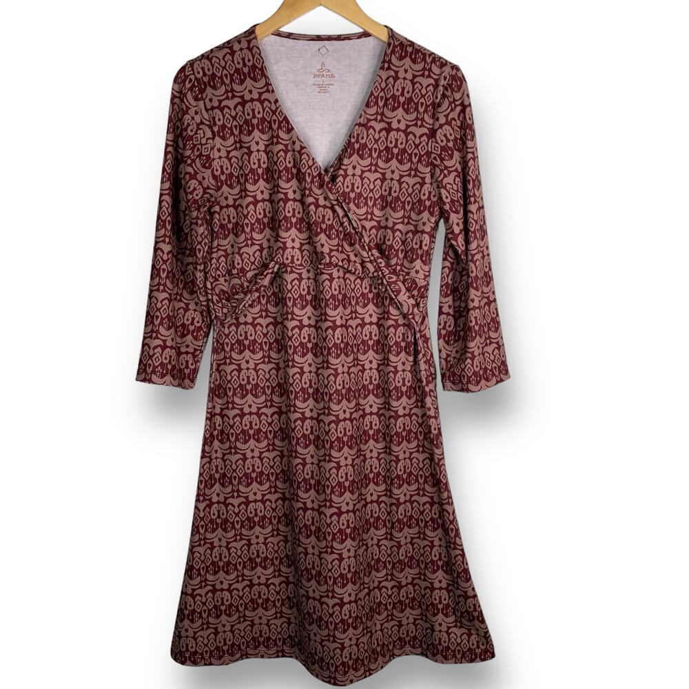 Prana Twist Front Faux Wrap Dress Ikat Print 3/4 Sleeve Stretch Size Large